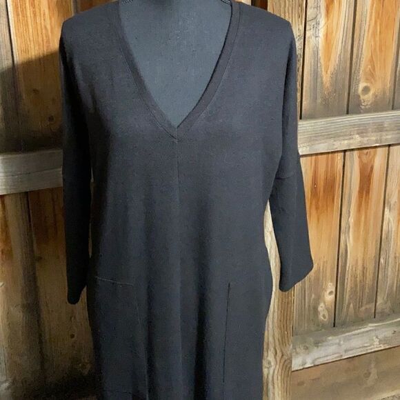 Lucky Brand Los Angeles dress career black 3/4 SL pockets soft midi Sz medium - Picture 3 of 8